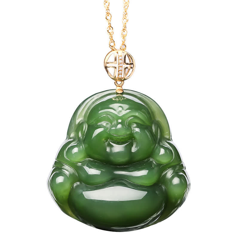 Mythstone 925 Sterling Silver Laughing Buddha Hetian Cyan Jade 18K Gold Success Necklace Chain Pendant