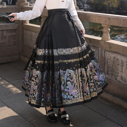 Mythstone Chinese Hanfu Phoenix Feathers Printed Horse Face Skirt Mamianqun