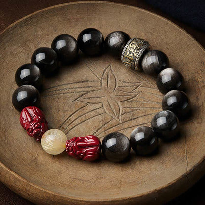 Mythstone Gold Sheen Obsidian PiXiu Cinnabar Om Mani Padme Hum Protection Bracelet