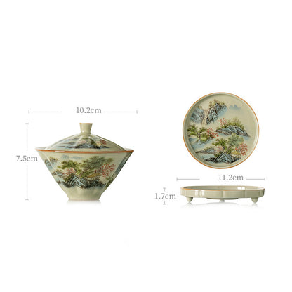 Mythstone Pine Mountain Forest Landscape Ceramic Gaiwan Sancai Teacup Kung Fu Tea Cup And Saucer With Lid