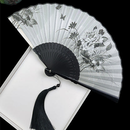 Mythstone Vintage Bamboo Peony Butterfly Lotus Handheld Silk Folding Fan With Bamboo Frames