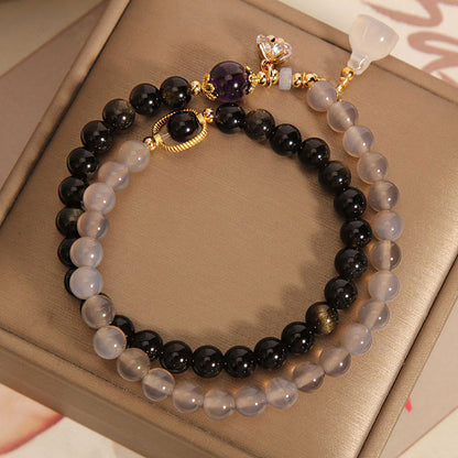 Mythstone Gold Sheen Obsidian Gray Agate Lotus Charm Strengthen Double Wrap Bracelet