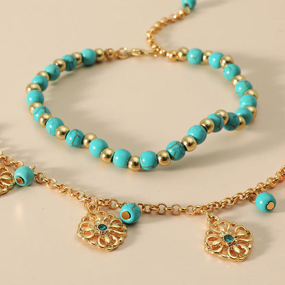 Mythstone 2Pcs Turquoise Stone Flower Protection Bracelet Anklet