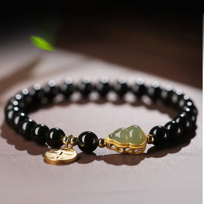 MythStone Natural Black Obsidian Hetian Jade Gourd Double Happiness Strength Bracelet