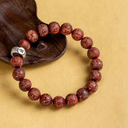 Mythstone Chinese Zodiac Natal Buddha Small Leaf Red Sandalwood Om Mani Padme Hum Protection Bracelet