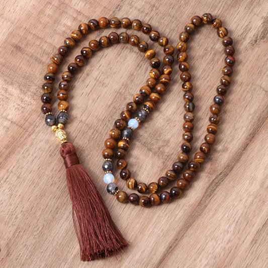 Mythstone Tibetan Tiger Eye Buddha Strength Power Beaded Tassel Pendant Necklace