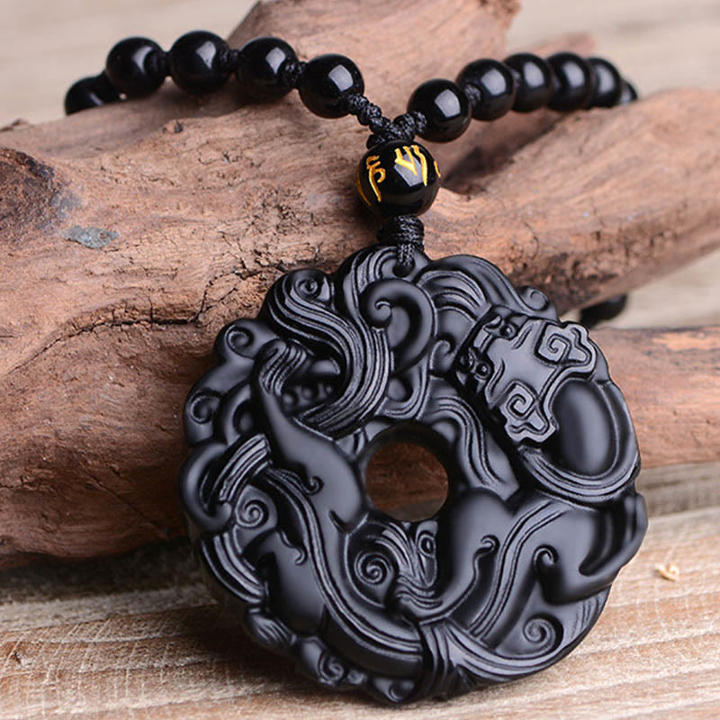 Colgante de collar de purificación Pixiu con hebilla de paz de obsidiana negra natural de Mythstone 