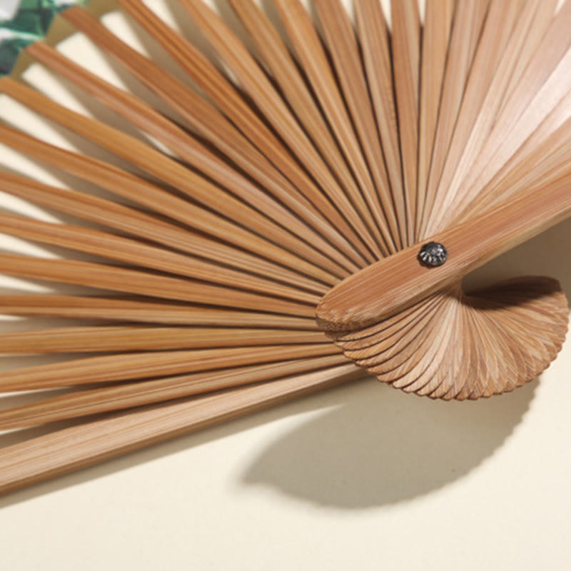 Mythstone Pine Tree Garden Peony Handheld Paper Bamboo Folding Fan 26cm