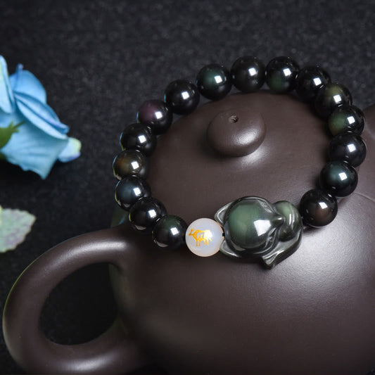 Mythstone Natural Rainbow Obsidian Gold Sheen Obsidian Silver Sheen Obsidian Fox Healing Bracelet