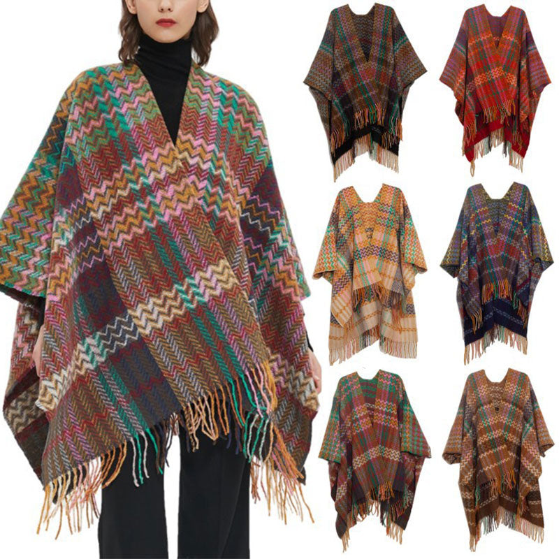 Mythstone Tibetan Shawl Colorful Wavy Line Tassels Winter Cozy Travel Scarf Wrap