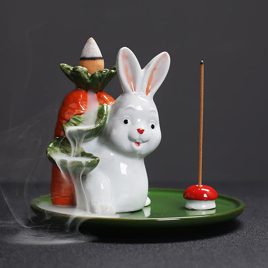 Year of the Rabbit Carrot Mushrooms Rabbit Ceramic Bunny Blessing Incense Burner