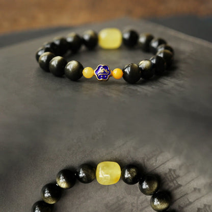 Mythstone 925 Sterling Silver Chinese Zodiac Natal Buddha Natural Gold Sheen Obsidian Amber Wealth Protection Bracelet