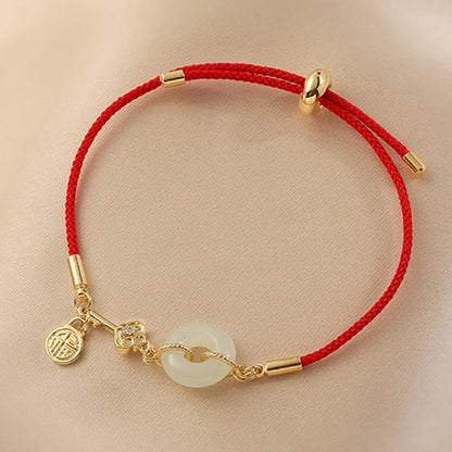 Mythstone 18K Gold Plated Hetian Jade Peace Buckle Fu Character Luck Red Rope Bracelet