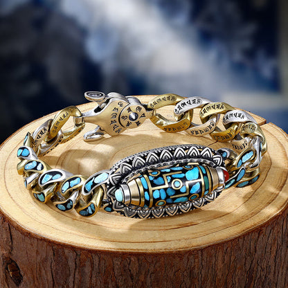 MythStone Tibetan Nine-Eye Dzi Bead Om Mani Padme Hum Turquoise Protection Rotatable Bracelet