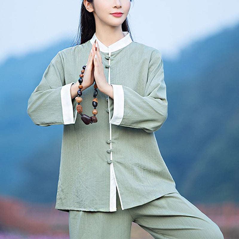 Mythstone 2Pcs Tang Suit Top Pants Meditation Yoga Zen Tai Chi Cotton Linen Clothing Women's Set