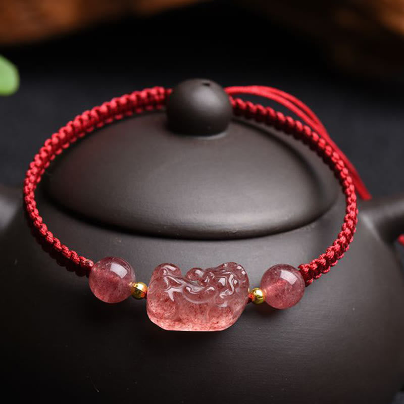 Mythstone Natural Strawberry Quartz PiXiu Lucky Red String Bracelet