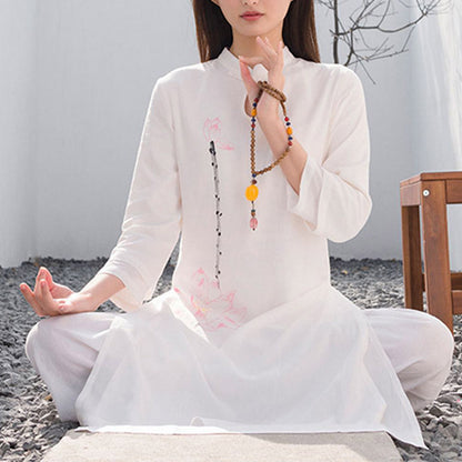 Mythstone 2Pcs Lotus Pattern Tai Chi Meditation Yoga Cotton Linen Clothing Top Pants Women's Set