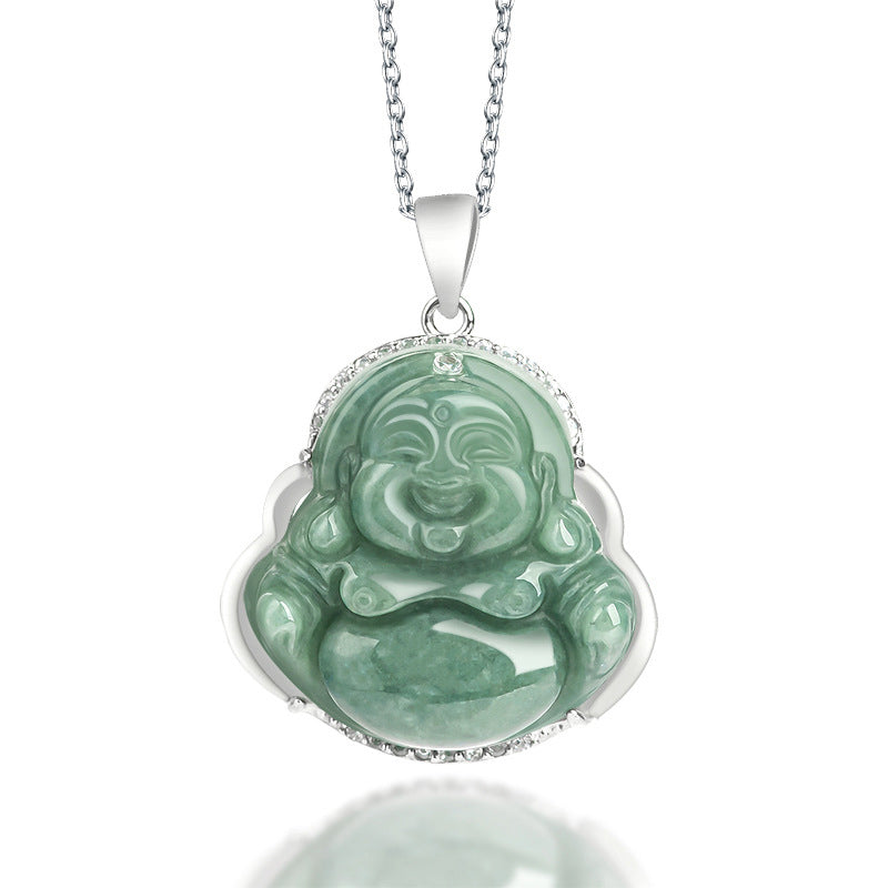 Mythstone 925 Sterling Silver Laughing Buddha Jade Abundance Necklace Chain Pendant