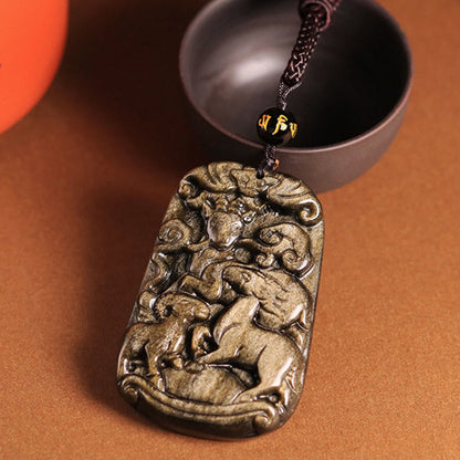 Mythstone Gold Sheen Obsidian Three Goats Bring Good Luck Pattern Wealth Necklace Pendant