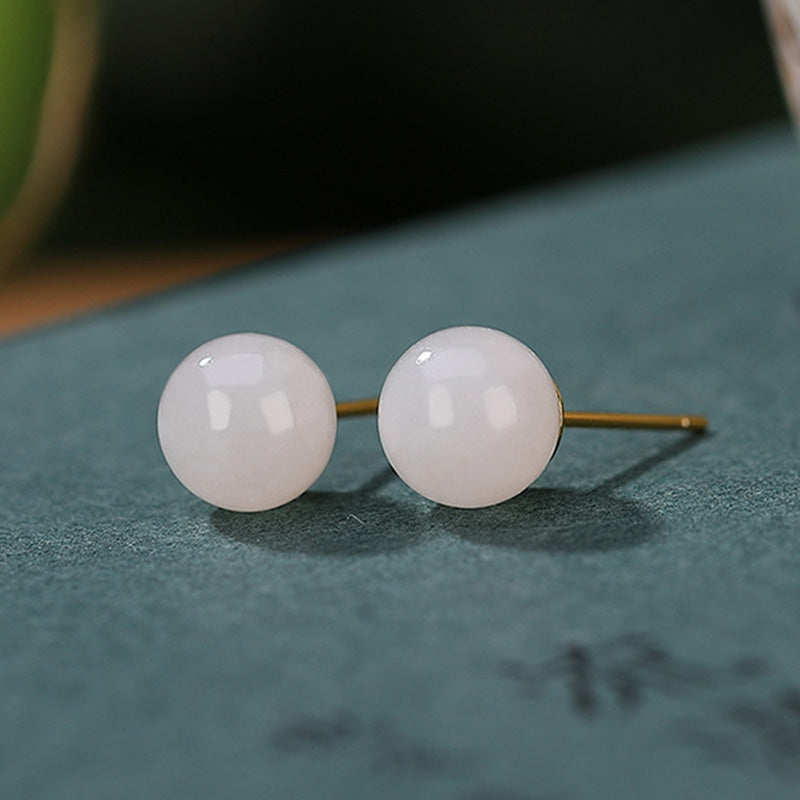 Mythstone 925 Sterling Silver Round White Jade Blessing Stud Earrings