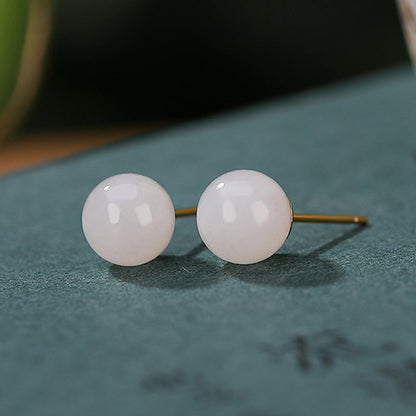 Mythstone 925 Sterling Silver Round White Jade Blessing Stud Earrings