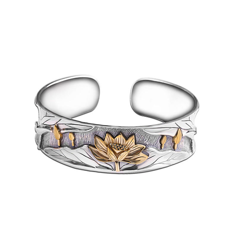 Mythstone 925 Sterling Silver Lotus Flower Calm Bracelet Adjustable Bangle