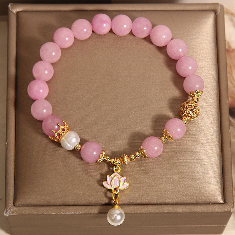 Mythstone Pink Jade Pearl Lotus Charm Harmony Bracelet