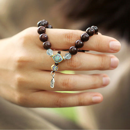 Mythstone 925 Sterling Silver Indian Small Leaf Red Sandalwood Aquamarine Full of Gold Star Chinese Knotting Blessing Bracelet