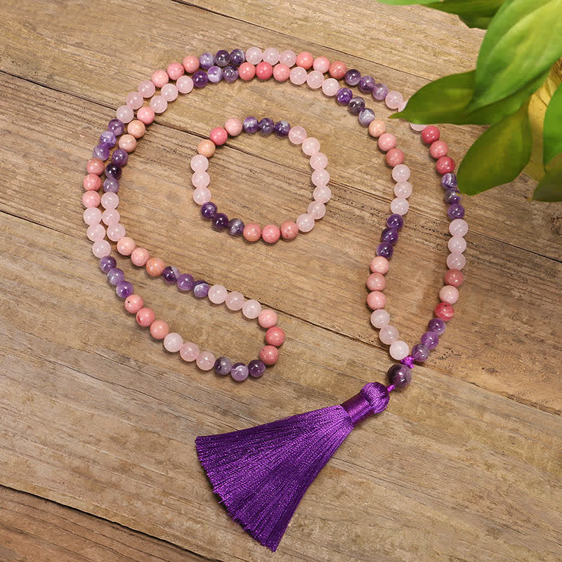 Mythstone 108 Mala Beads Amethyst Rose Quartz Spiritual Healing Tassel Bracelet