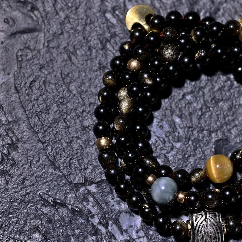 Mythstone 108 Mala Beads Gold Sheen Obsidian Tiger Eye Eagle's Eye Stone Wealth Bracelet