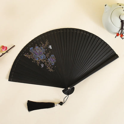 Mythstone Hibiscus Flower Plum Blossom Handheld Bamboo Folding Fan