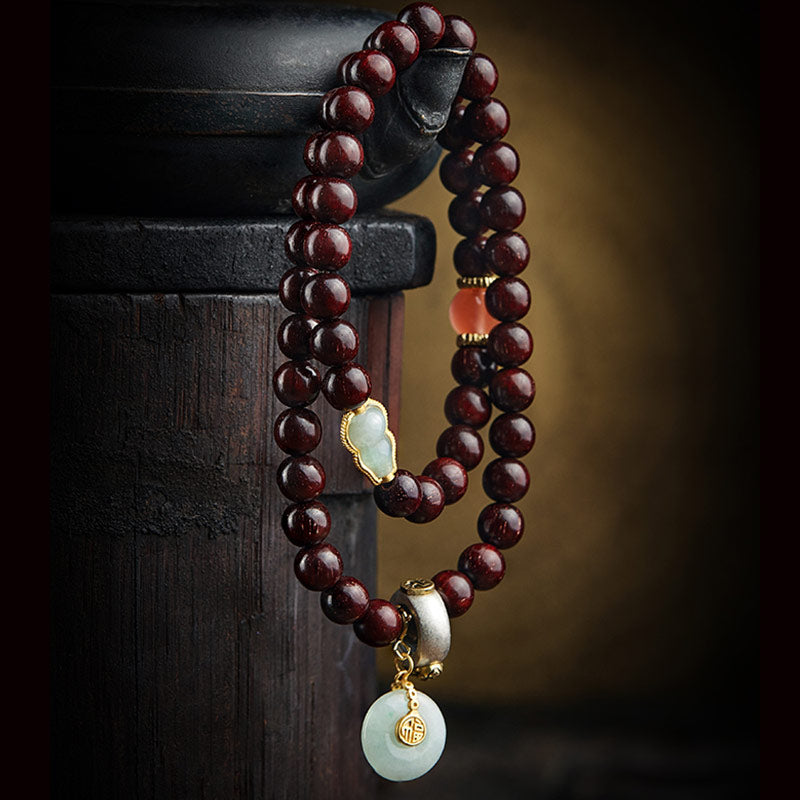 Mythstone Chinese Zodiac Natal Buddha Small Leaf Red Sandalwood Jade Red Agate PiXiu Sooth Bracelet