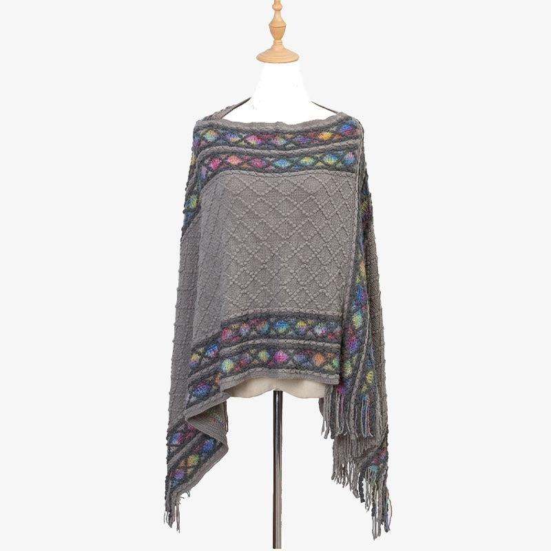 Mythstone Tibetan Colorful Striped Rhombus Pattern Shawl Tassels Pullover Winter Cozy Travel Scarf Wrap