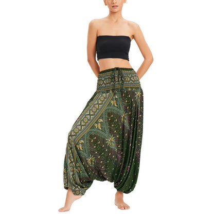 Mythstone Two Style Wear Peacock Feather Loose Smocked Harem Trousers Jumpsuit High Waist Pants