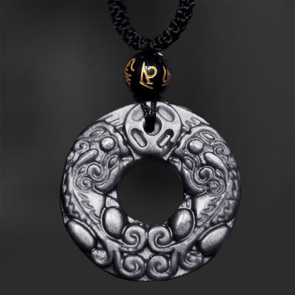 Mythstone Natural Silver Sheen Obsidian Double PiXiu Copper Coin Peace Buckle Protection Necklace Pendant