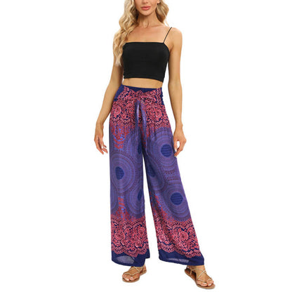 Mythstone Bohemian Compass Flower Print Lace-up Wide Leg Pants Women's Yoga Pants