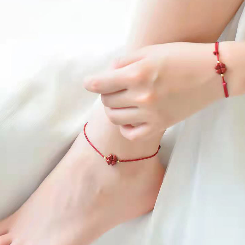 Mythstone Natural Cinnabar Four Leaf Clover Blessing Red String Bracelet Anklet