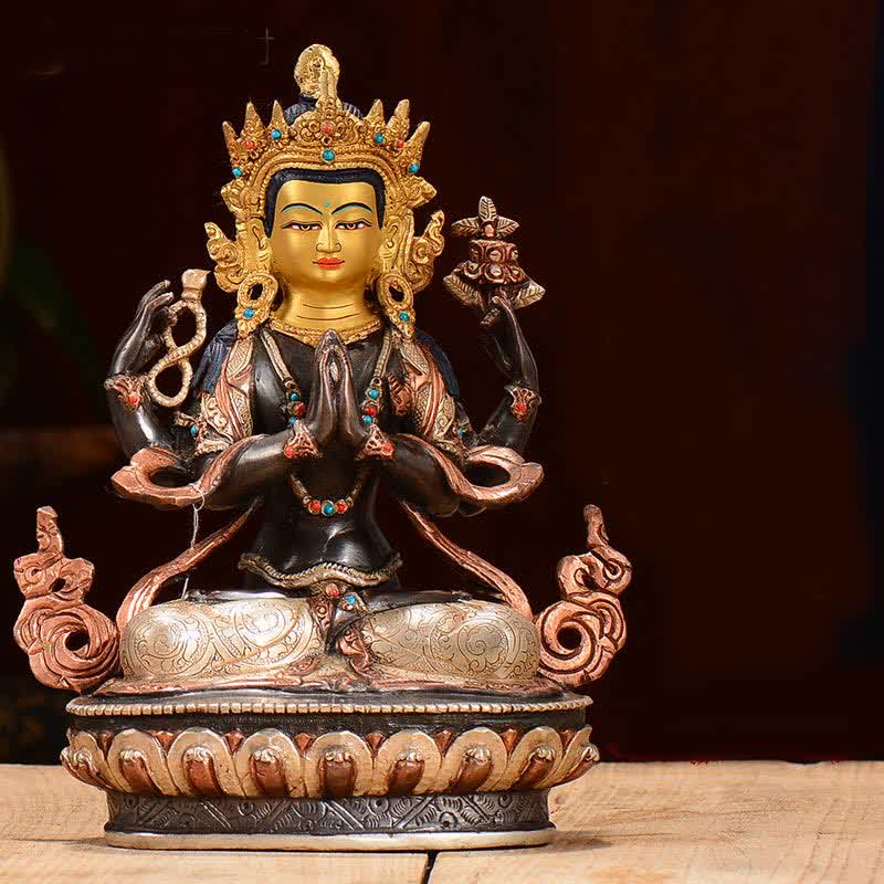 Mythstone Bodhisattva Chenrezig Four-armed Avalokitesvara Protection Copper Statue Decoration