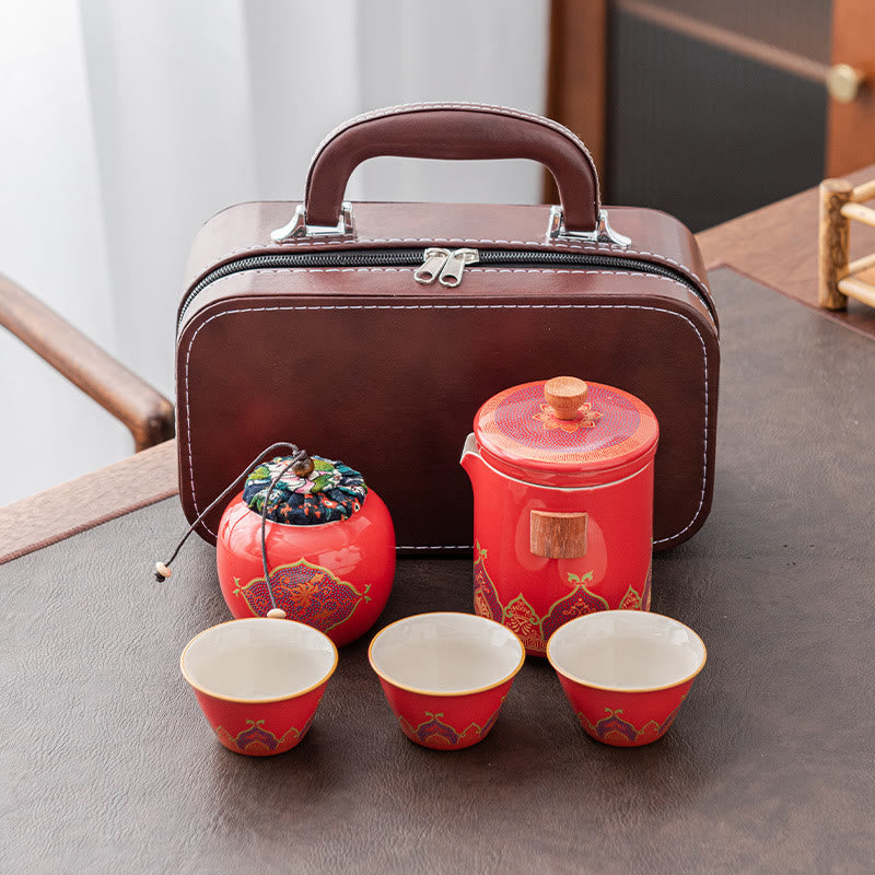 Mythstone Flower Chinese Gongfu Ceramic Teapot Portable Outdoor Travel Tea Set Bag