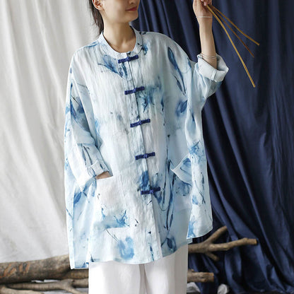 Mythstone Blue White Ink Printing Frog-button Design Long Sleeve Ramie Linen Jacket Shirt With Pockets