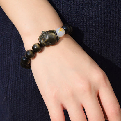 Mythstone Natural Rainbow Obsidian Gold Sheen Obsidian Silver Sheen Obsidian Fox Healing Bracelet