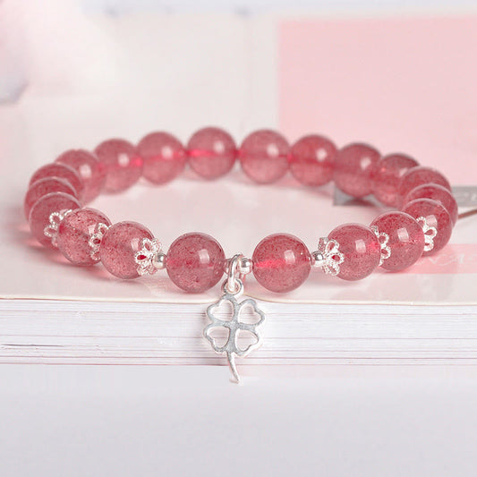 Mythstone 925 Sterling Silver Strawberry Quartz Four Leaf Clover Love Bracelet