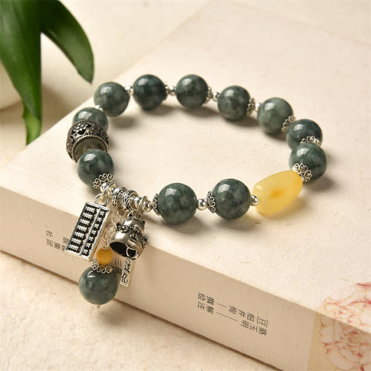 Mythstone 925 Sterling Silver Cyan Jade Amber Abacus Lucky Cat Success Bracelet