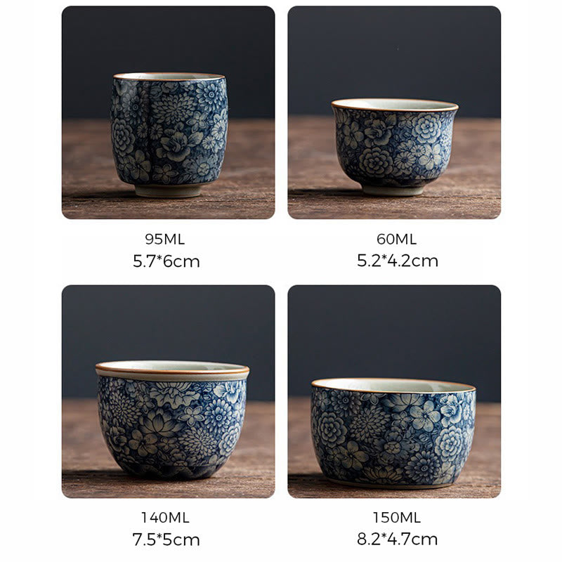 Mythstone Blue Lotus Peach Blossom Chrysanthemum Design Ceramic Teacup Kung Fu Tea Cups