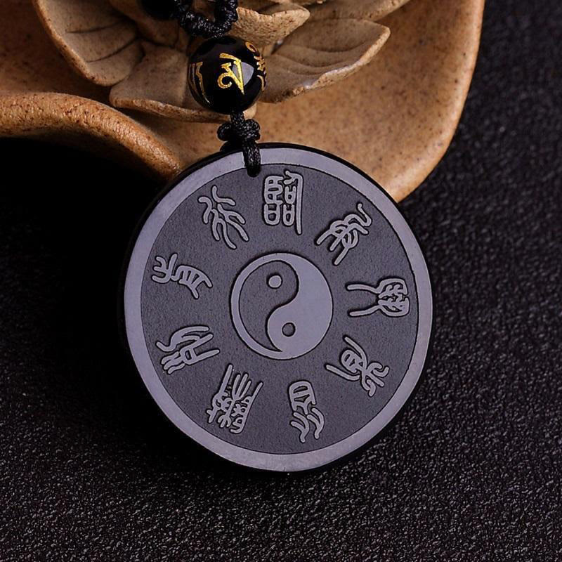 Mythstone Natural Black Obsidian Taoism Five Sacred Mountains Nine-Character Mantra Carved Strength Yin Yang Necklace Pendant Key Chain