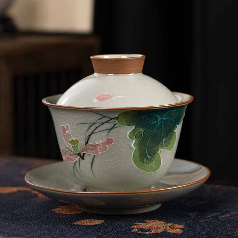 Mythstone Lotus Koi Fish Pod Leaf Ceramic Gaiwan Sancai Teacup Kung Fu Tea Cup And Saucer With Lid 140ml