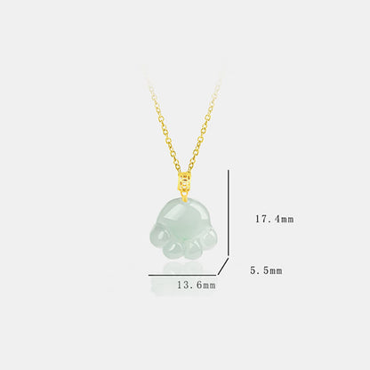 Mythstone 925 Sterling Silver 18K Gold Plated Natural Jade Cat Paw Pattern Luck Necklace Pendant