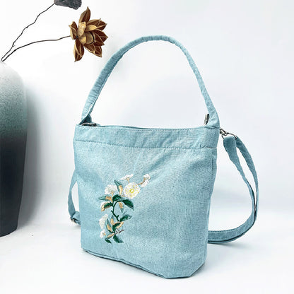 Mythstone Embroidery Wisteria Plum Lotus Cherry Blossom Cotton Linen Canvas Tote Crossbody Bag Shoulder Bag Handbag