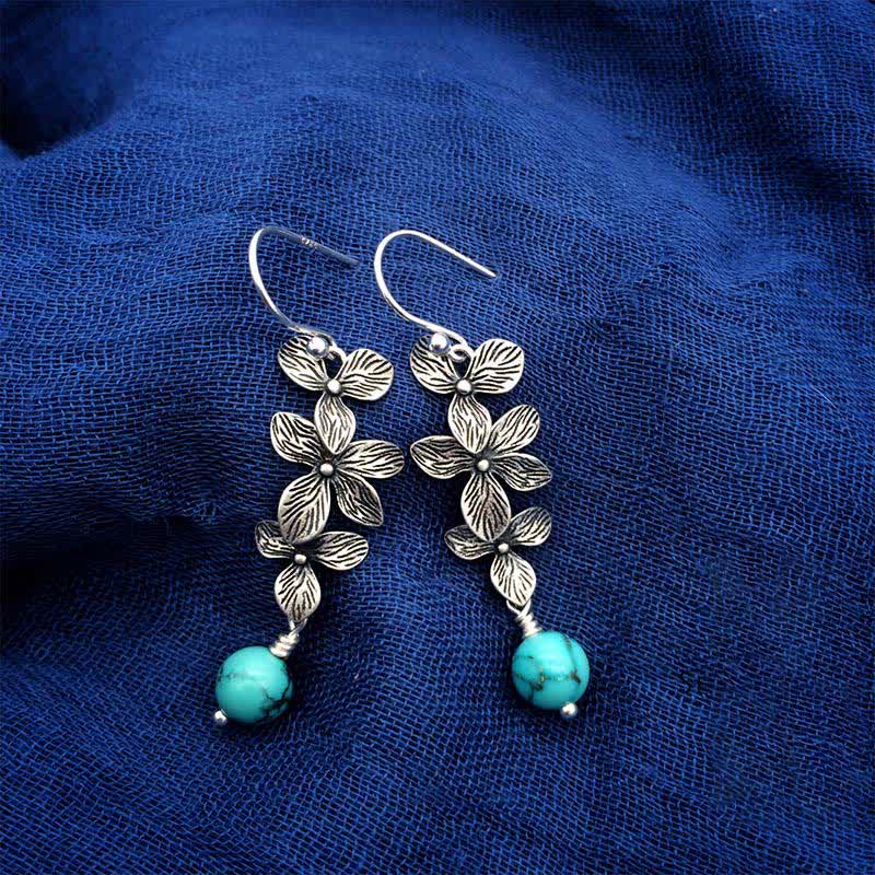 Mythstone 925 Sterling Silver Turquoise Lazurite Flower Leaf Serenity Protection Hook Drop Dangle Earrings