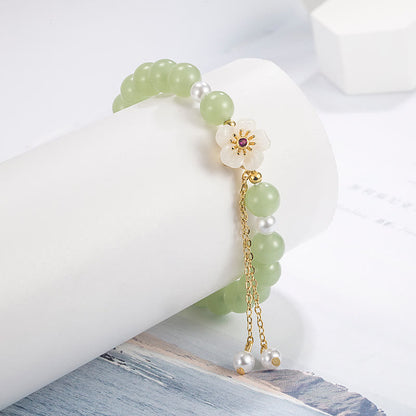 Pulsera de bendición de la suerte con perla y flor de durazno de jade Mythstone